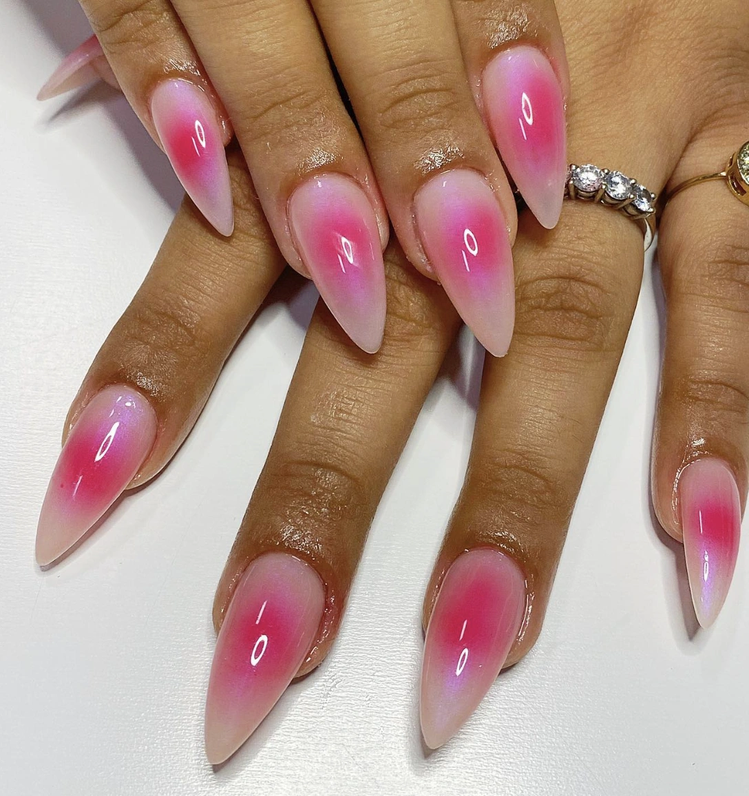 Pink Ombre Stiletto Nails with Shimmer Finish