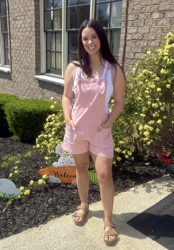 Pink Overall Shorts + White Tank Top + Brown Strap Sandals
