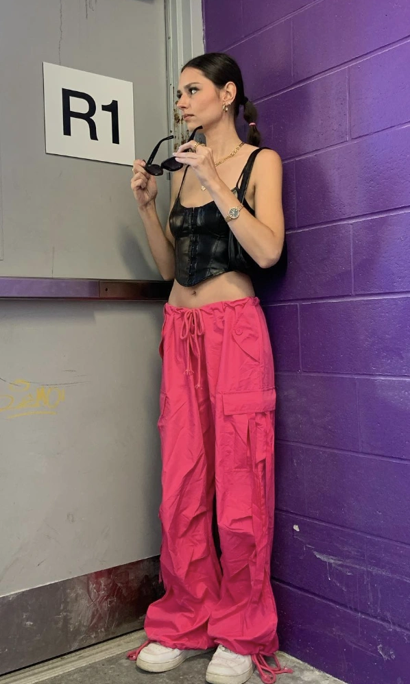 Pink Pants + Black Corset Top + White Sneakers