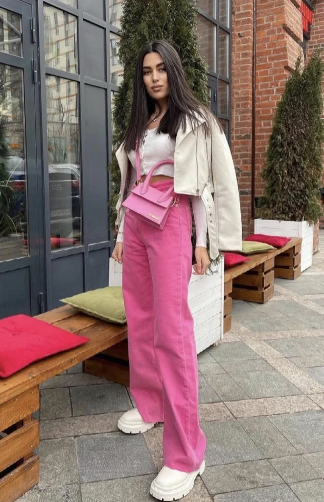 Pink Pants Denim + White Cropped Sweater + Cream Faux Leather Jacket + Chunky White Sneakers