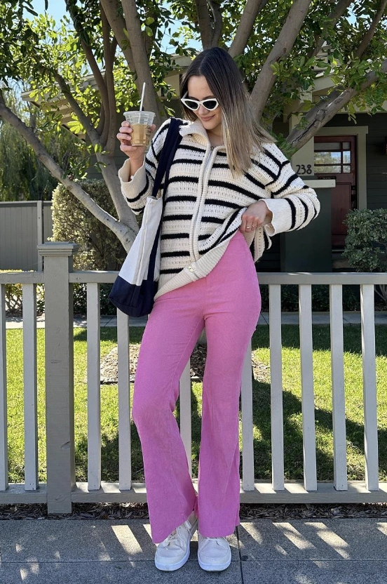 Pink Pants + Striped Knit Sweater + White Sneakers