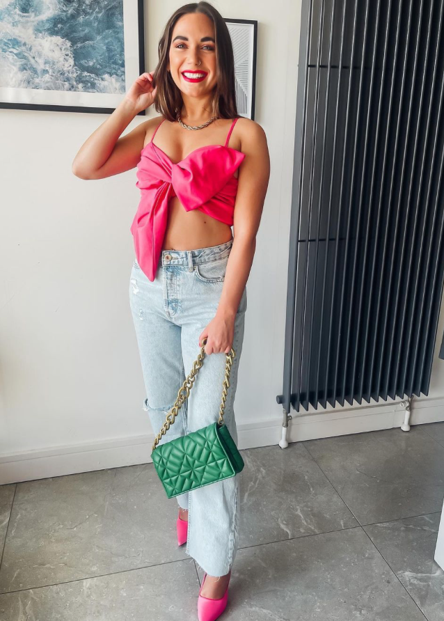 Pink Perfection: Crop Top + High-Waisted Jeans + Heels