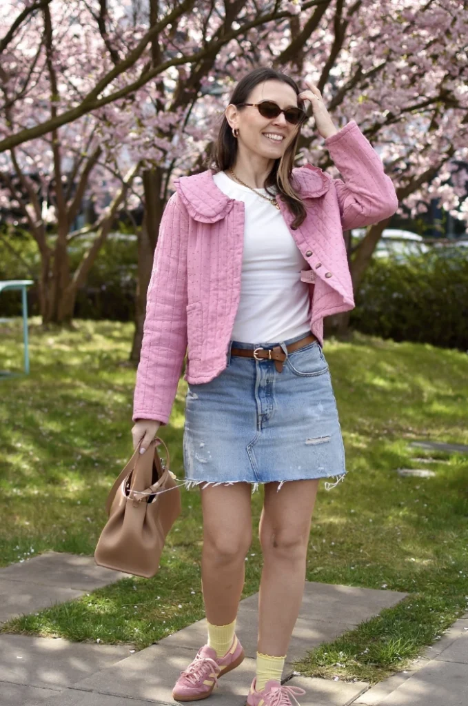 Pink Quilted Jacket + Denim Mini + Sporty Sneakers