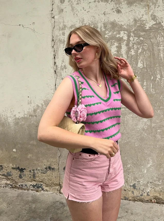 Pink Striped Knit Vest + Pink Denim Shorts + Quilted Shoulder Bag