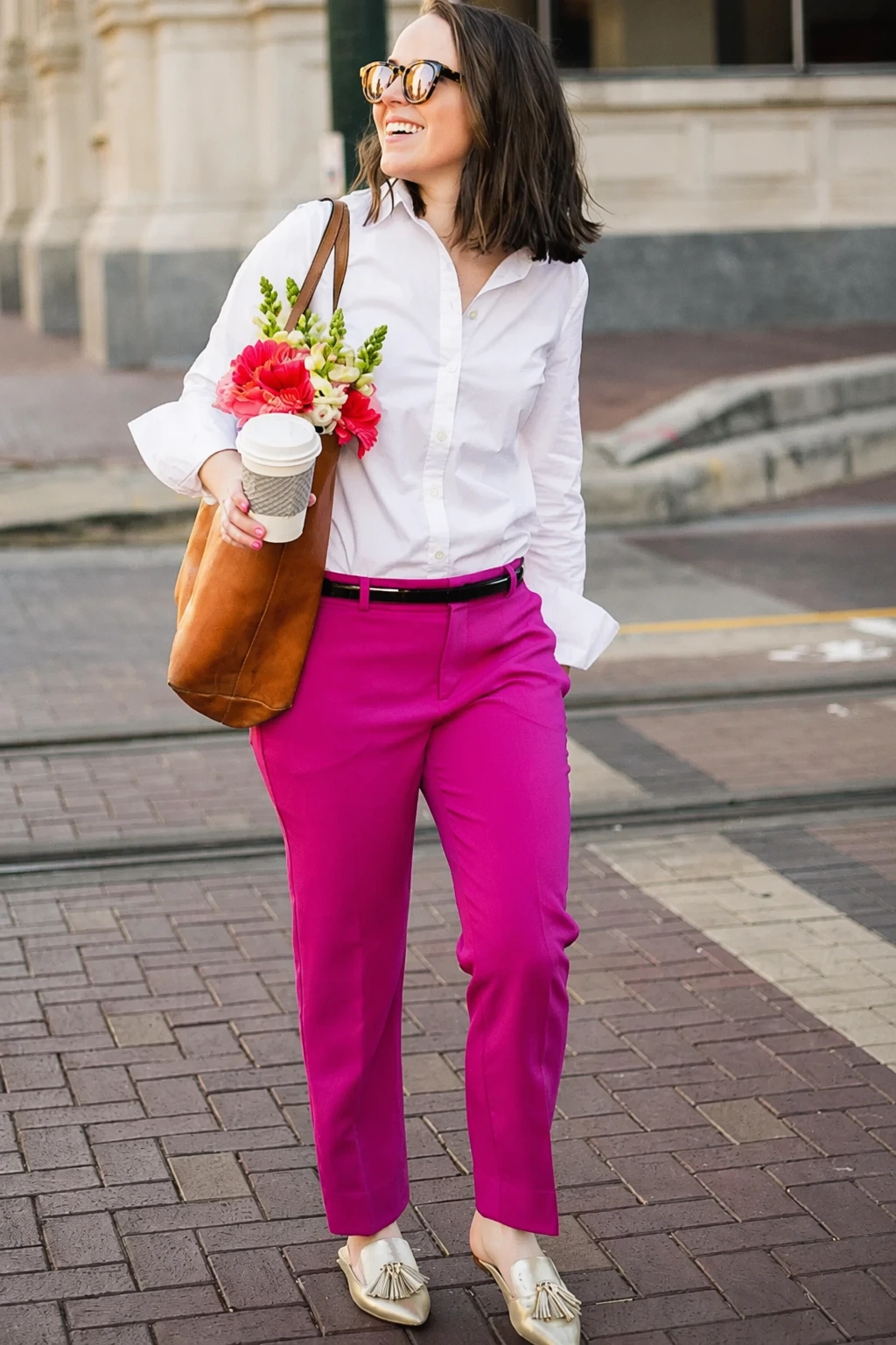 Pink Tailored Pants + Classic White Button-Up + Chic Beige Loafers