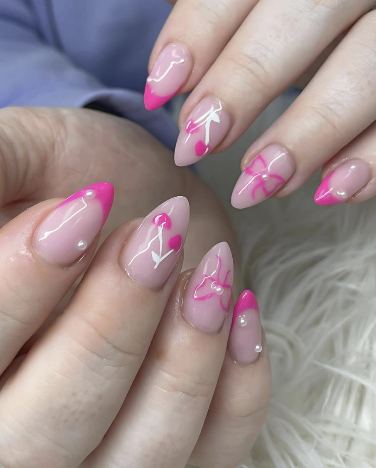 Pink Tipped Almond Nails with Cherry & Bow Decals