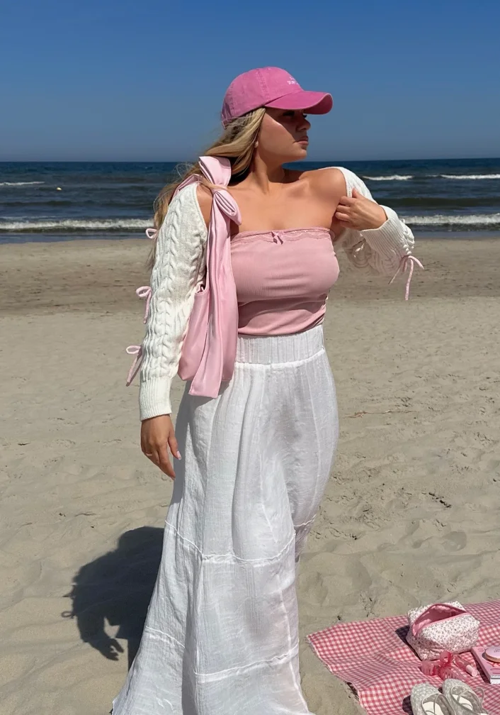 Pink Tube Top + White Maxi Skirt + Knit Cardigan + Pink Cap