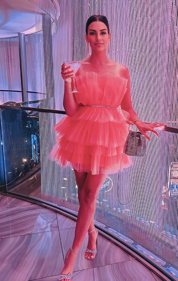 Pink Tulle Mini Dress + Silver Rhinestone Heels + Sparkly Clutch Bag