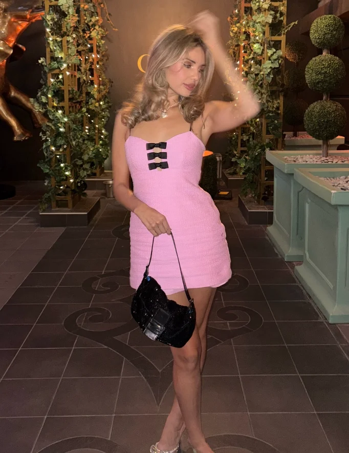 Pink Tweed Spaghetti Strap Mini Dress Black Bows and Embellished Bag