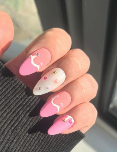 Pink & White Almond Nails with Embellishments