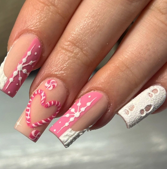 Pink & White Candy Cane Christmas Nail Art Design