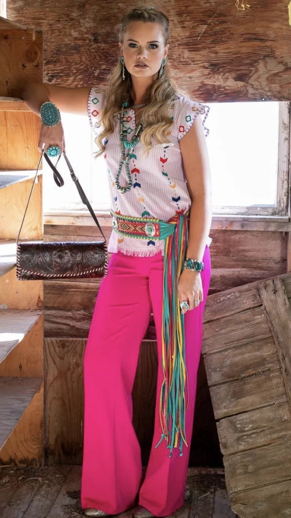 Pink Wide-Leg Pants + Colorful Beaded Belt + Striped Blouse