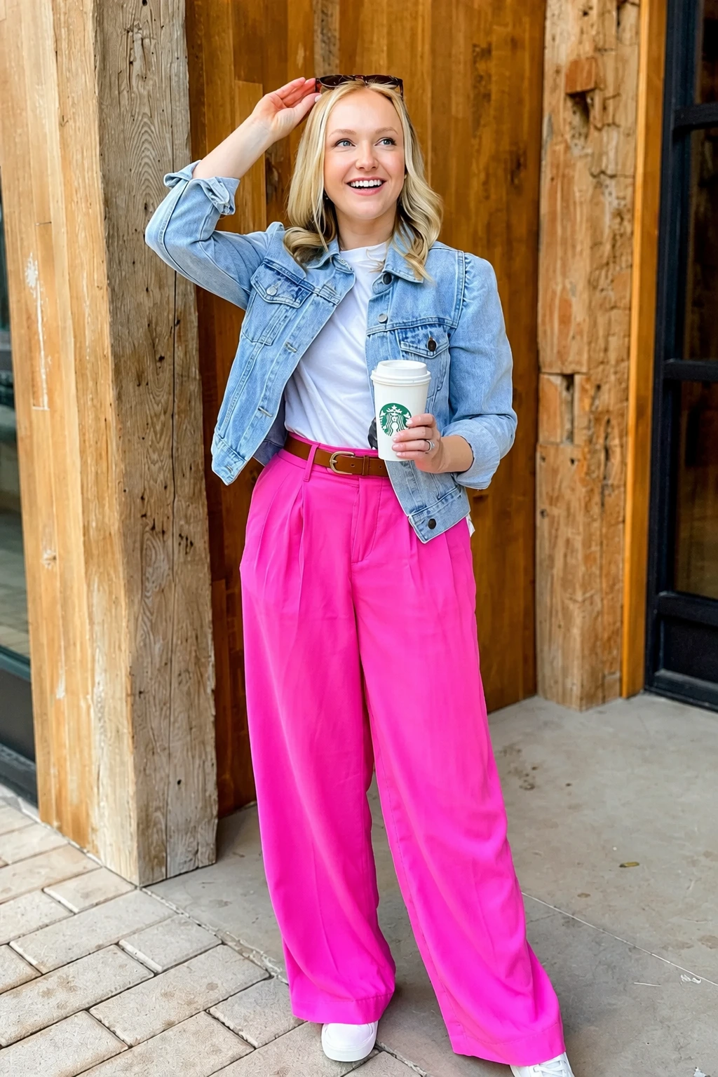 Pink Wide-Leg Pants + White Basic Tee + Light Denim Jacket + Brown Belt + White Sneakers