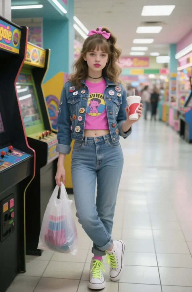 Pinned Denim Jacket + Graphic Crop Top + Light Wash Jeans