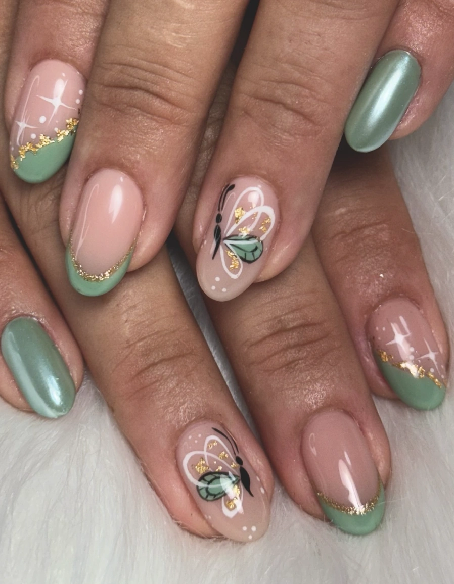 Pistachio Green French Tips with Delicate Butterfly Nail Art