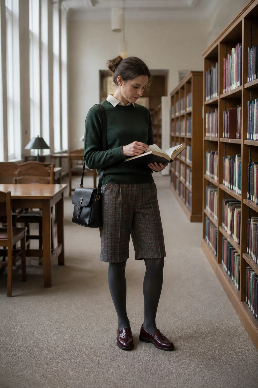 Plaid Bermuda Shorts with a Fine-Knit Cardigan