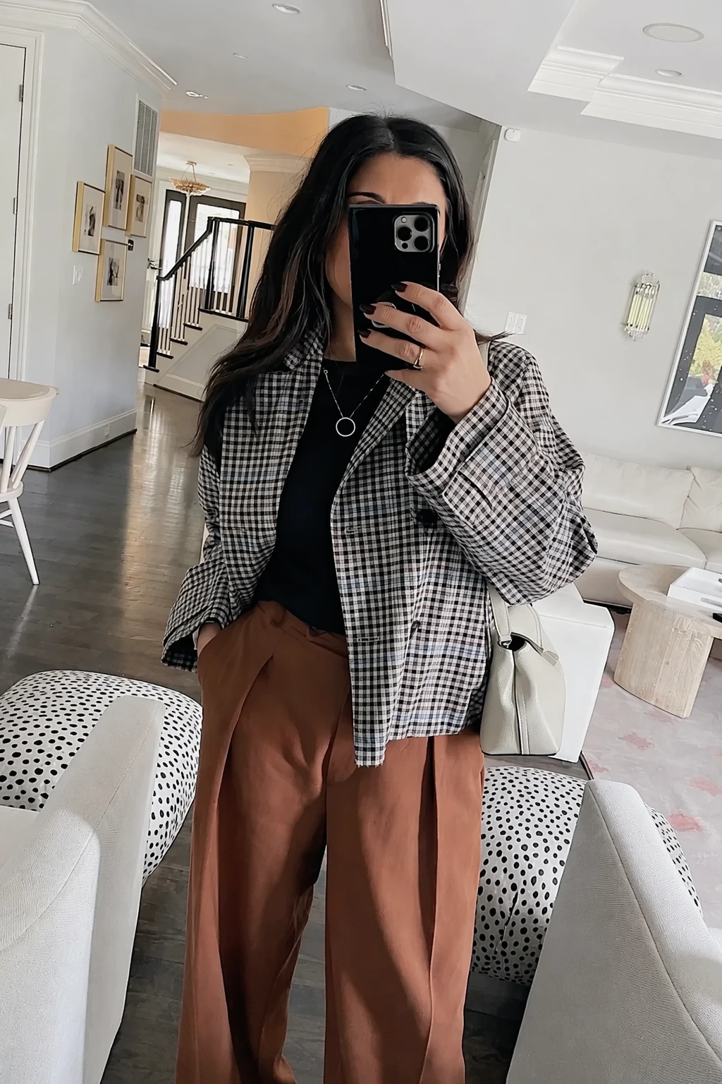 Plaid Blazer + Black Tee + Brown Pleated Pants