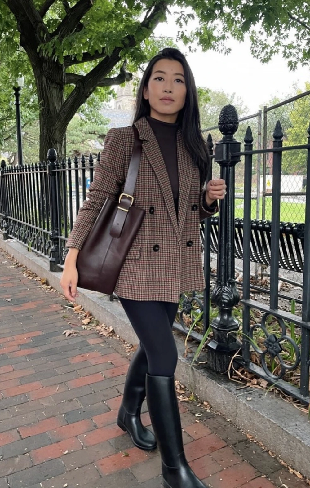 Plaid Blazer + Black Turtleneck + Knee-High Boots