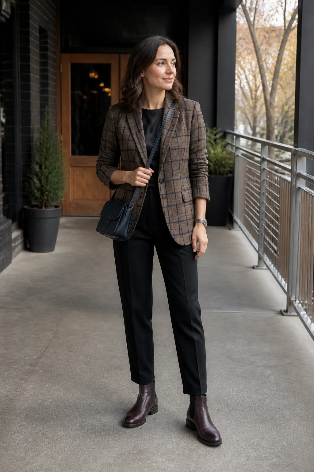 Plaid Blazer with Black Satin Camisole and Trousers