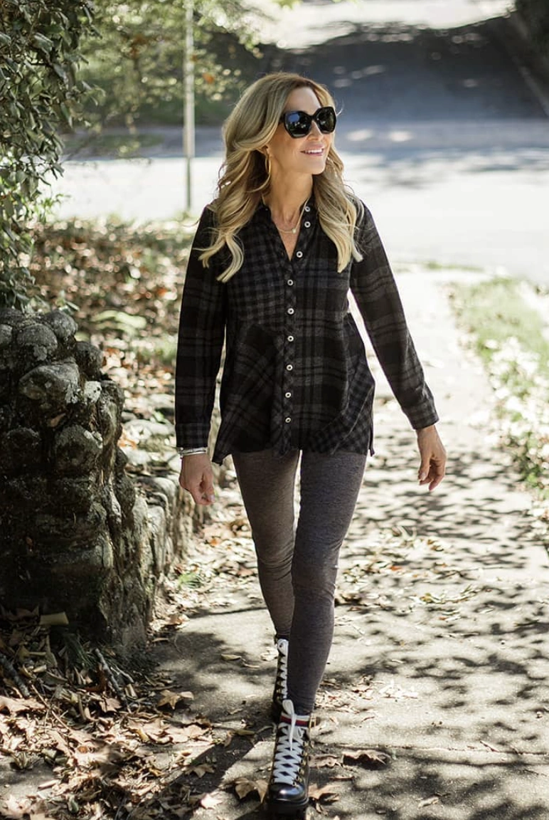 Plaid Button-Down Top + Grey Leggings + Chunky Combat Boots