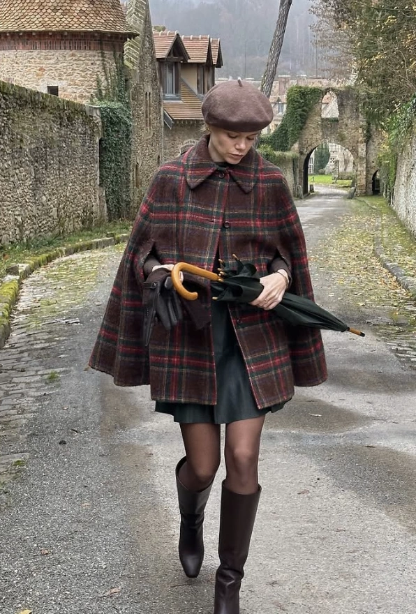 Plaid Cape + Dark Green Mini Skirt + Brown Knee High Boots + Wool Beret