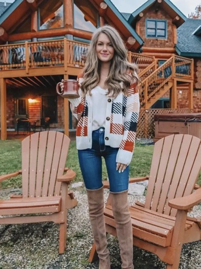 Plaid Cardigan + Soft White Tee + High-Waisted Denim Shorts + Over-the-Knee Taupe Boots