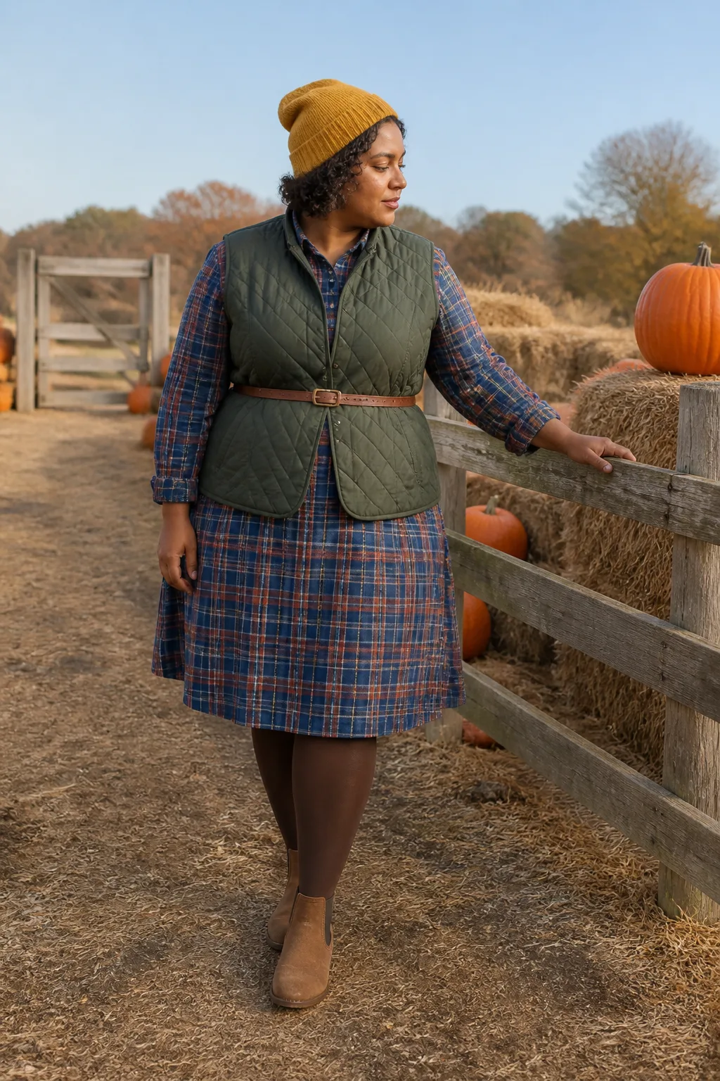 Plaid Flannel Dress with Quilted Vest