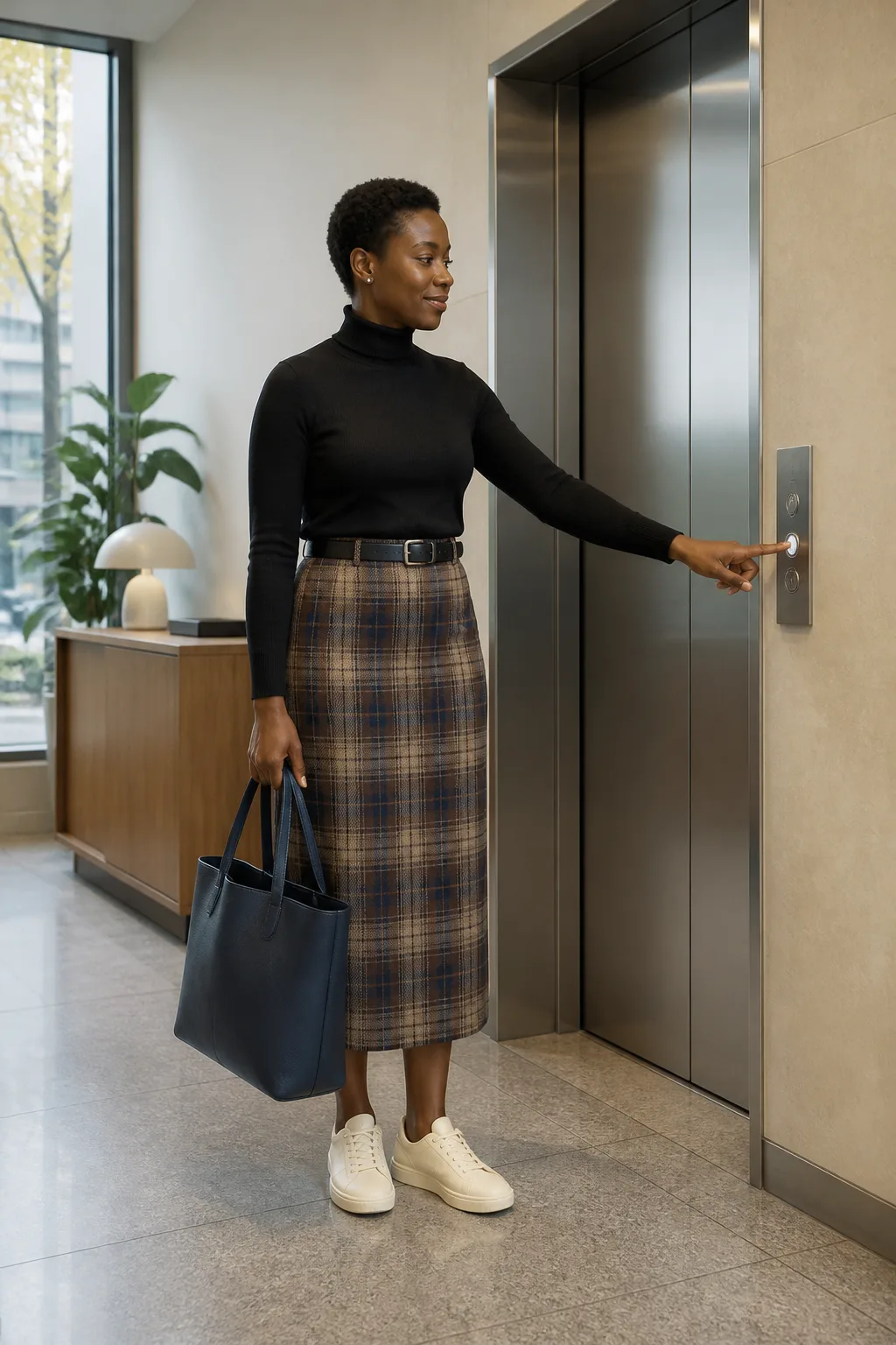 Plaid Midi Skirt, Black Turtleneck, and Cream Sneakers