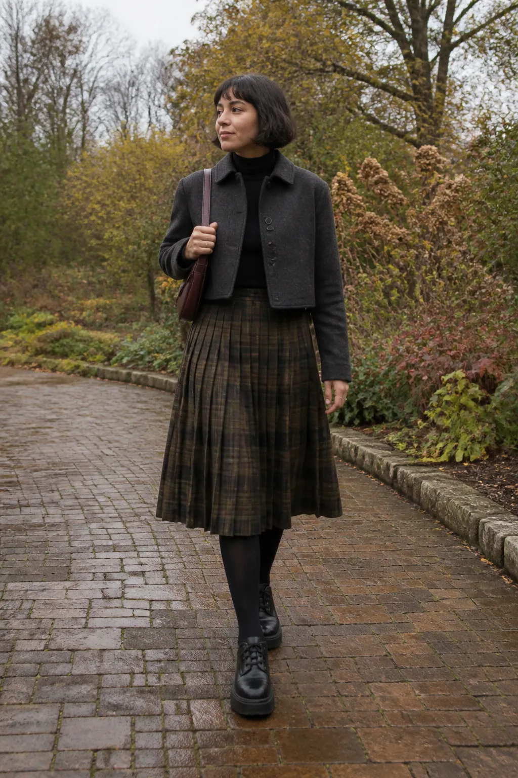Plaid Midi Skirt, Black Turtleneck, and Platform Sneakers