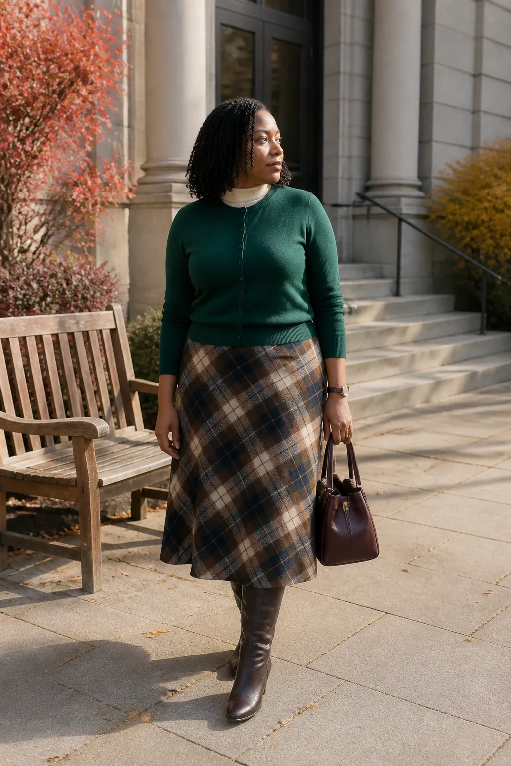 Plaid Midi Skirt with Forest-Green Cardigan