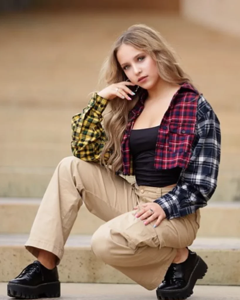 Plaid Patchwork Cropped Shirt + Black Crop Top + Beige Wide-Leg Cargo Pants + Black Platform Loafers