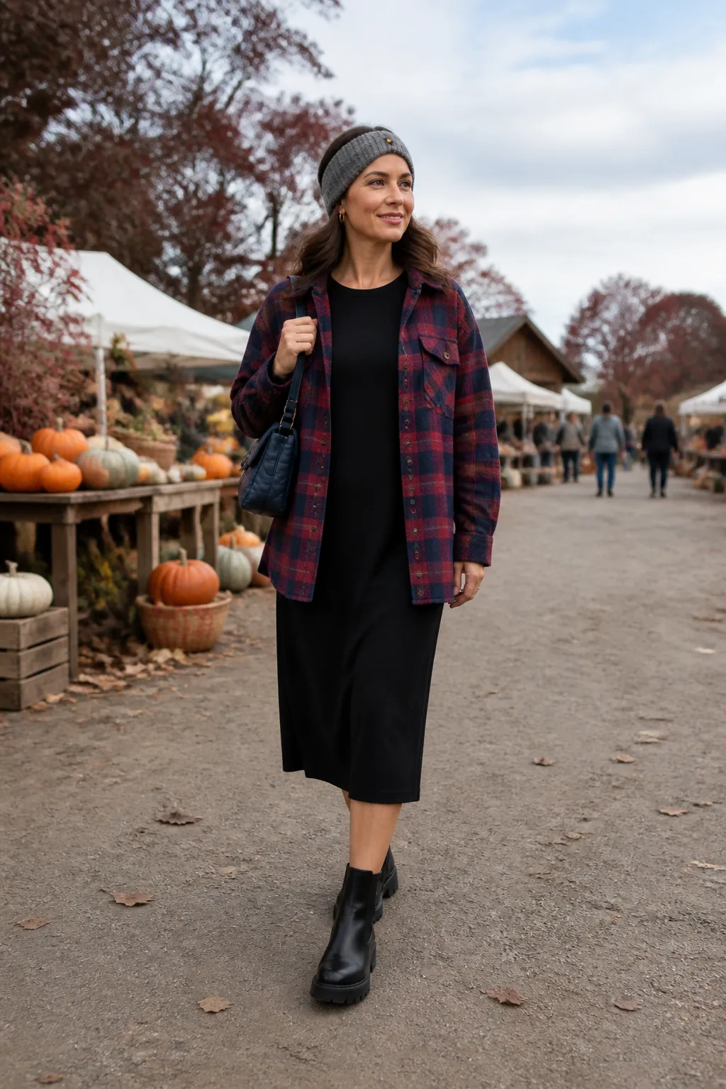 Plaid Shacket, Black Dress and Lug Boots