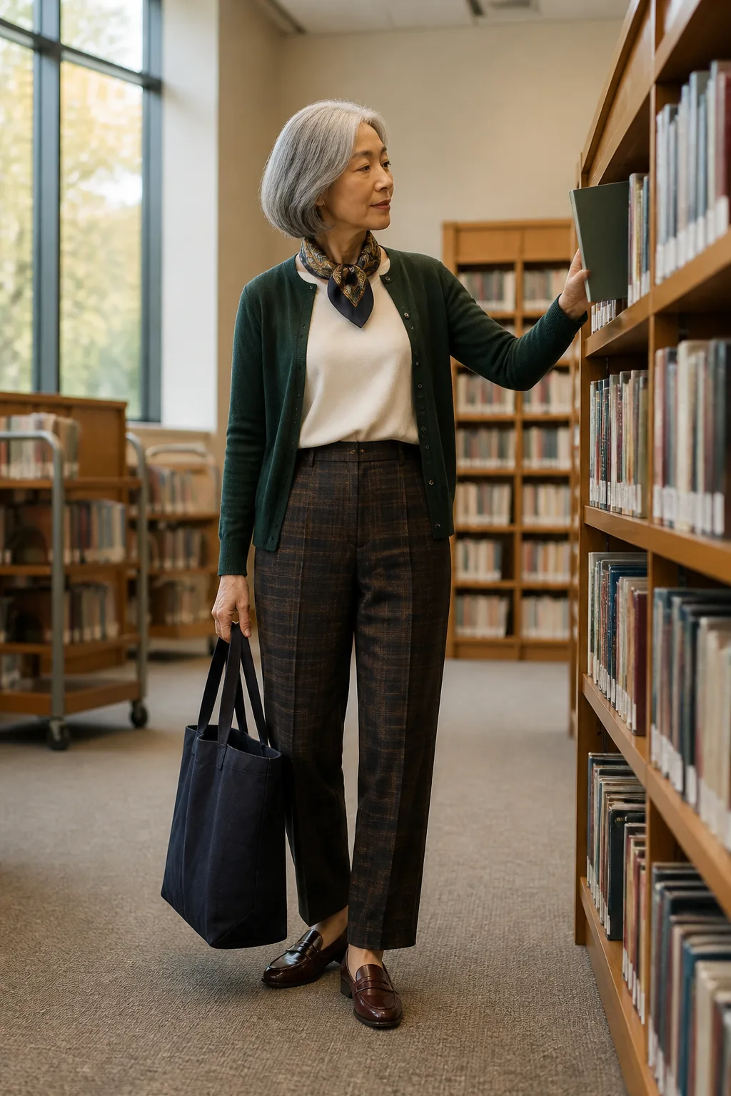 Plaid Trousers, Ivory Shell, and Cardigan