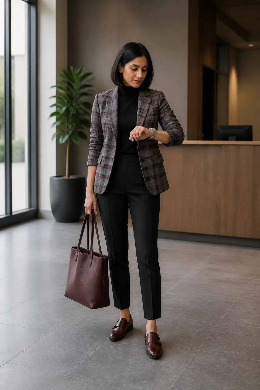Plaid Wool Blazer with Black Trousers