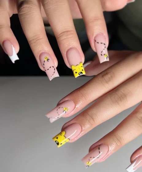 Playful Cartoon Bee Face French Tip Nails
