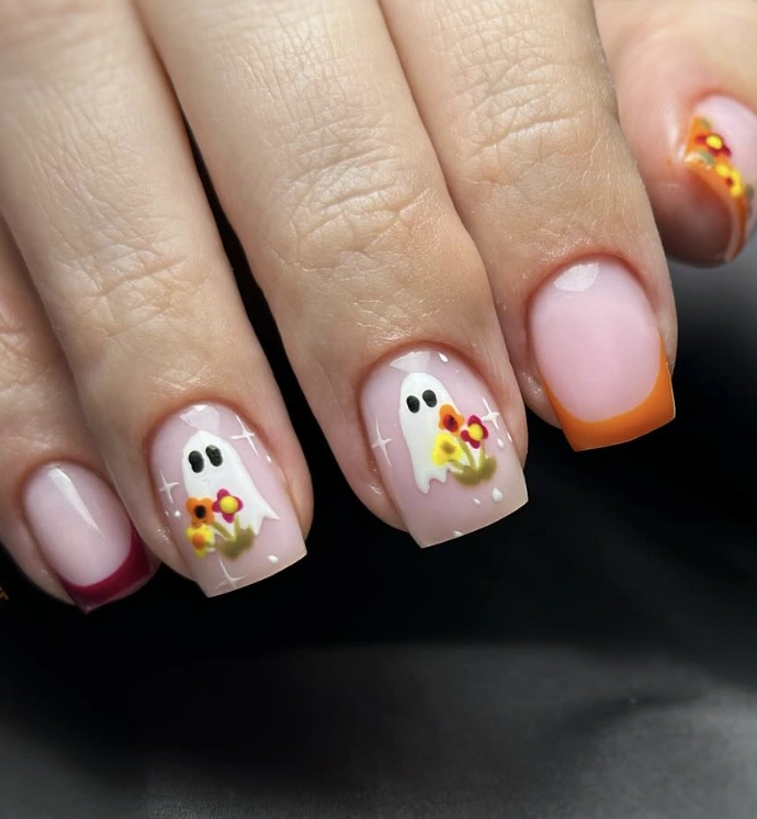 Playful Ghosts and Floral Accents on Square Autumn Nails with French Tips