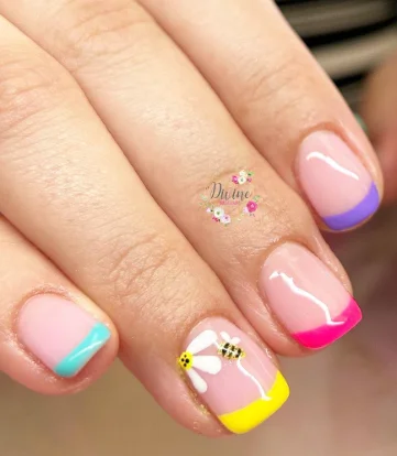 Playful Rainbow French Tip Bee Nails