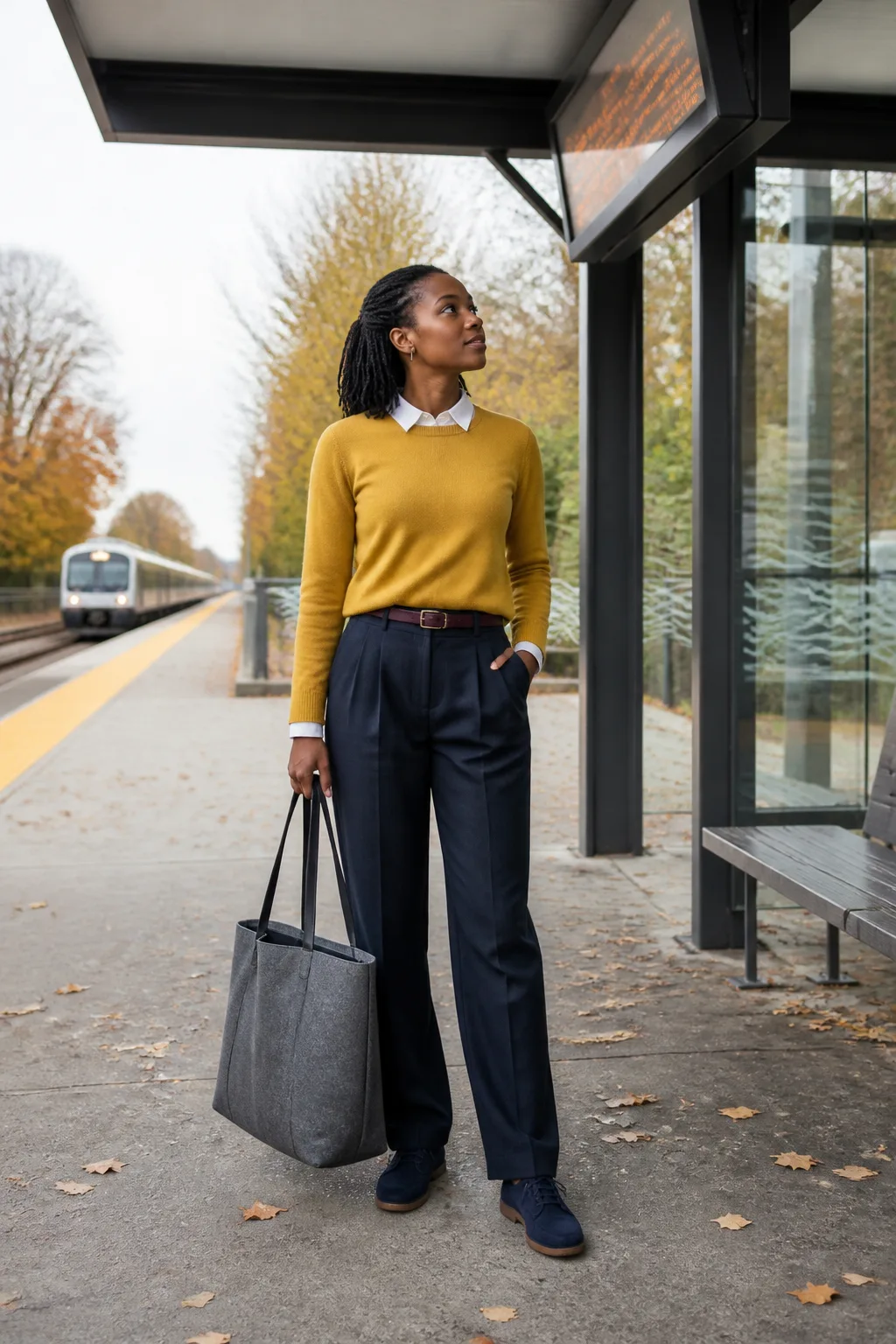 Pleated Trousers, Mustard Sweater, and Navy Sneakers