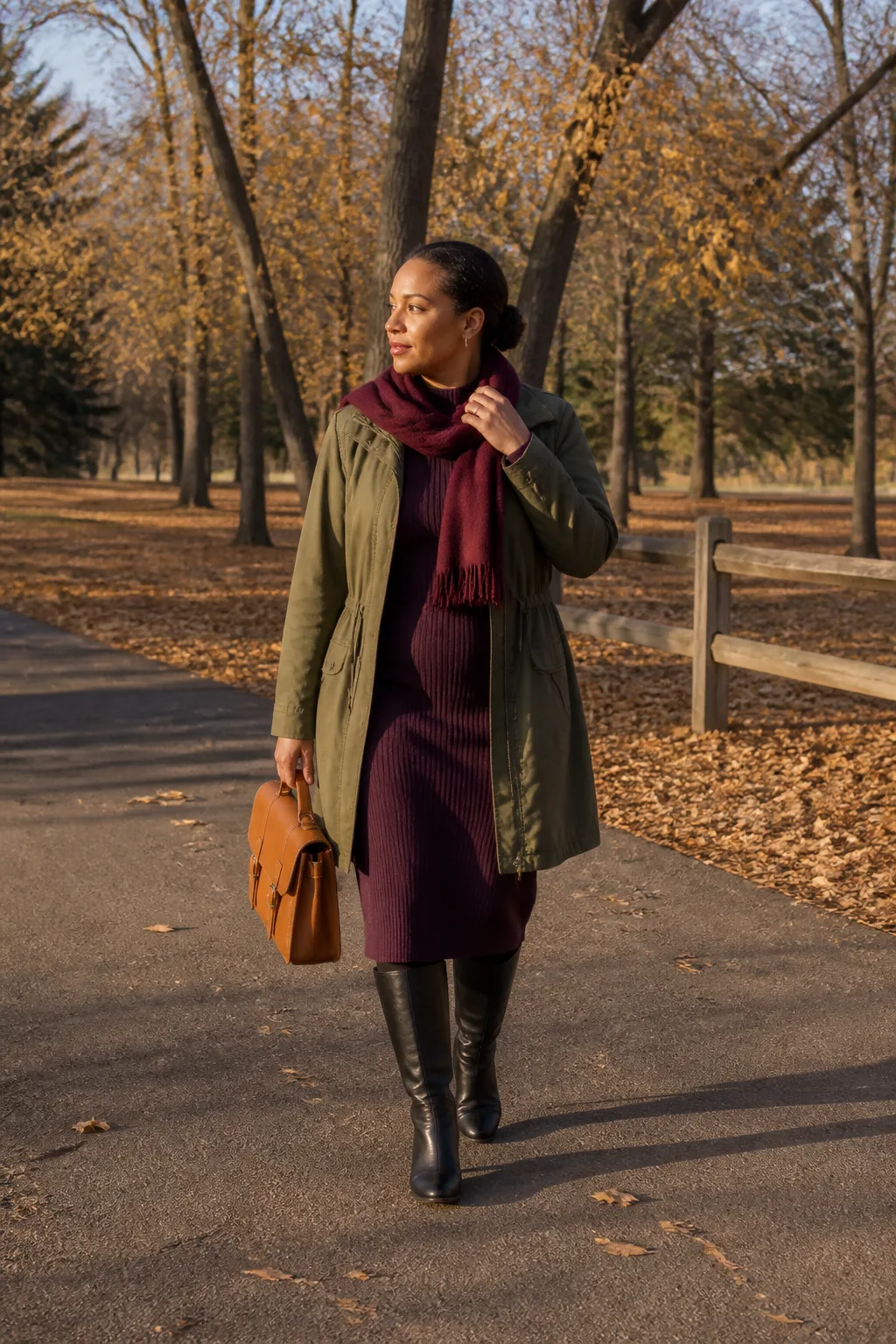 Plum Knit Dress with Olive Utility Coat