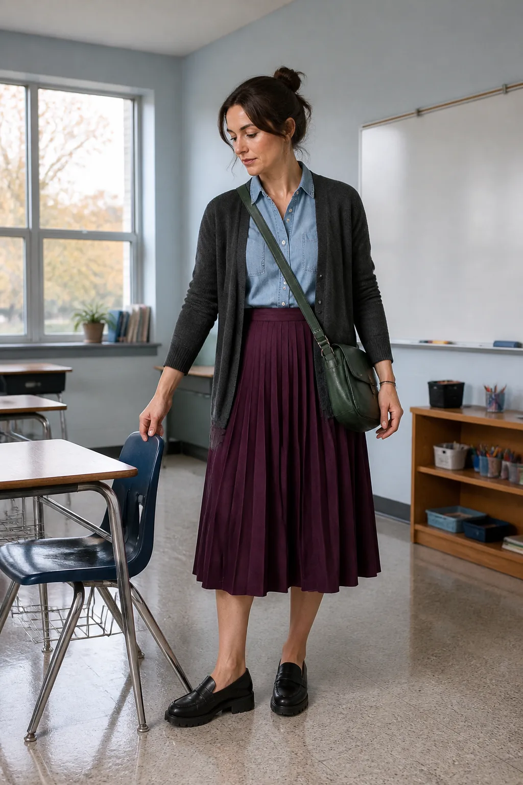 Plum Skirt, Chambray Shirt, and Loafers