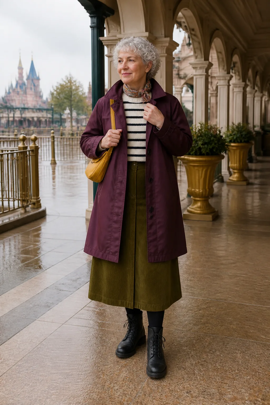 Plum Trench, Striped Knit and Corduroy Skirt