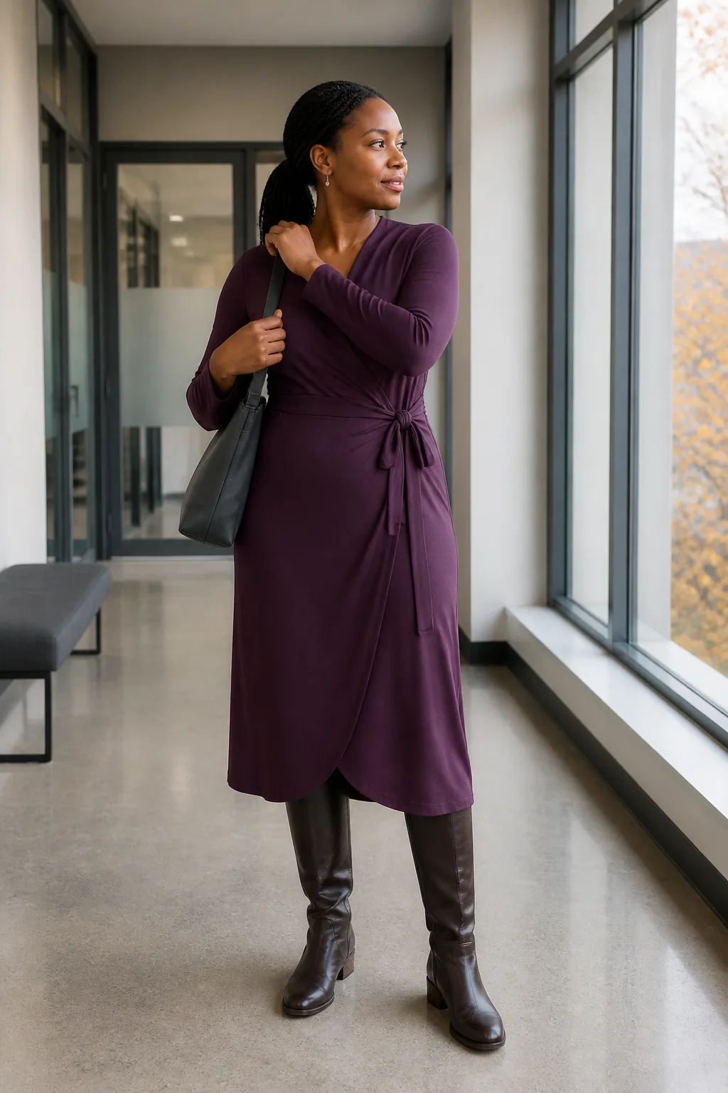 Plum Wrap Dress with Tall Boots