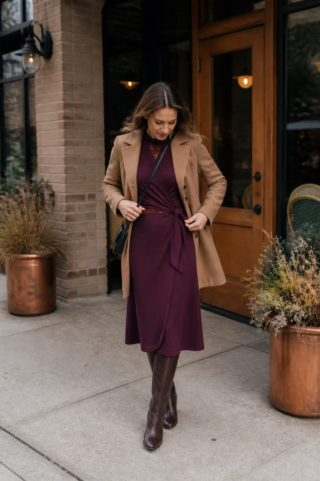 Plum Wrap Dress with Tall Brown Boots