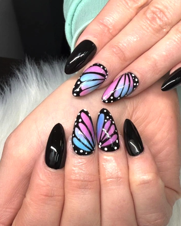 Pointed Black Nails with Pastel Butterfly Wing Accents
