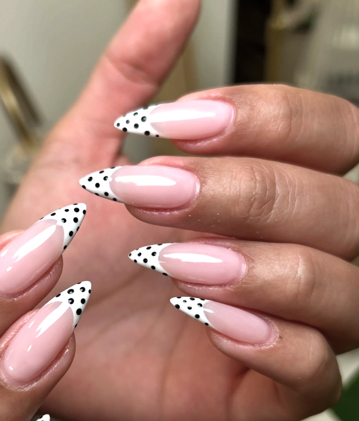 Pointed French Manicure with White and Black Polka Dots
