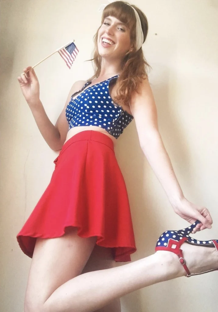 Polka Dot Crop Top + Red Flowy Skirt + Blue and Red Heeled Sandals