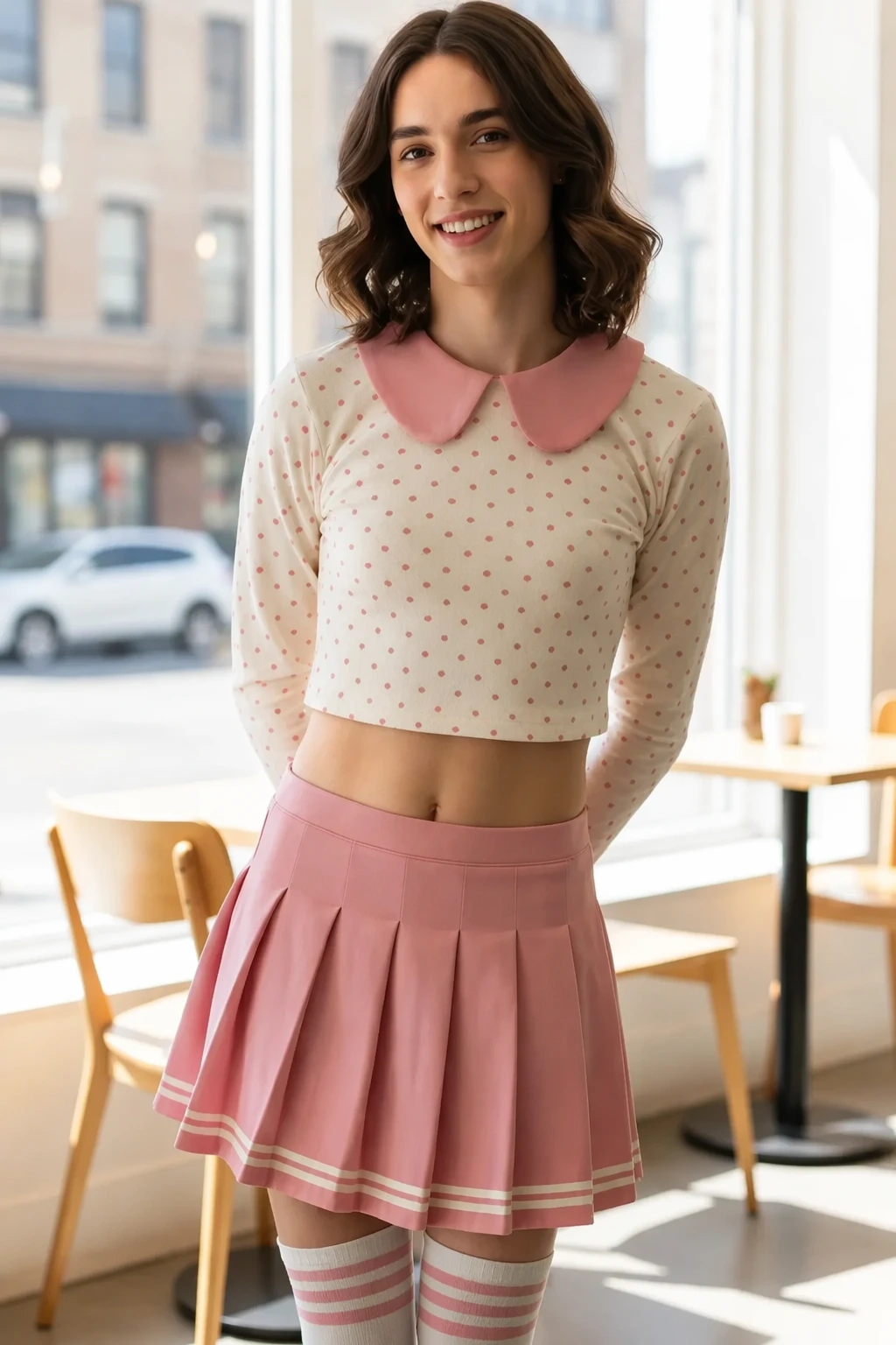 Polka Dot Crop Top with Peter Pan Collar + Pink Pleated Mini Skirt + Striped Thigh-High Socks