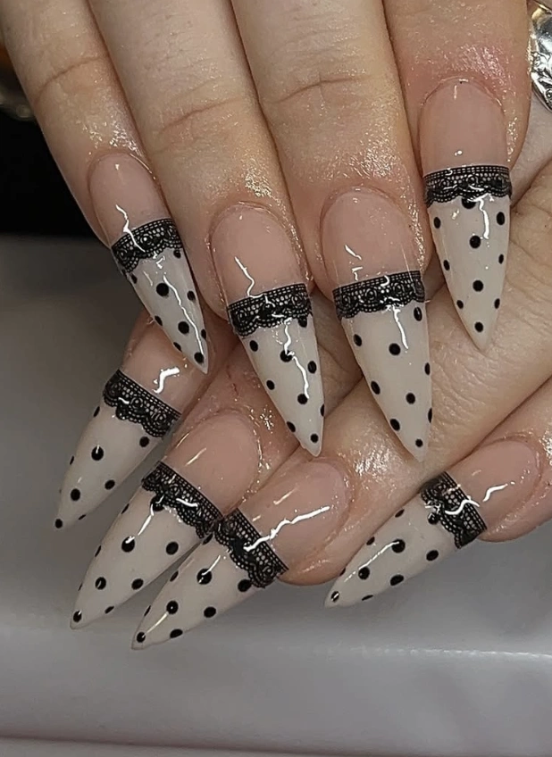 Polka Dot Stiletto Nails with Black Lace Trim