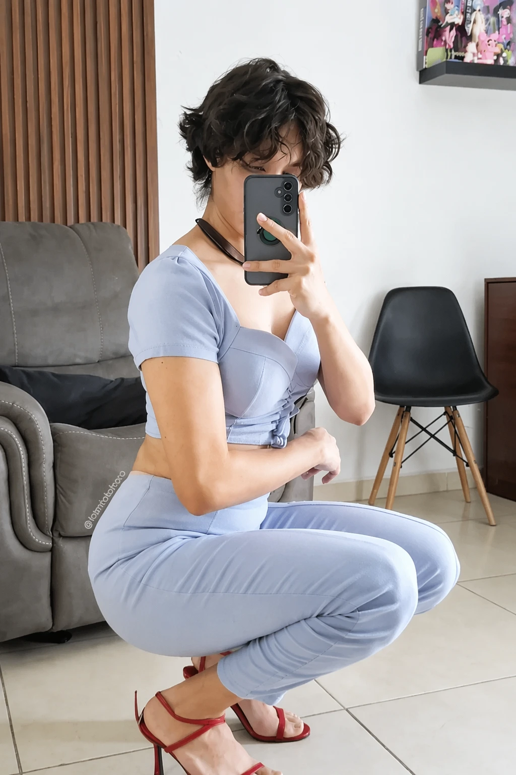 Powder Blue Crop Top + Matching Trousers + Strappy Red Heels