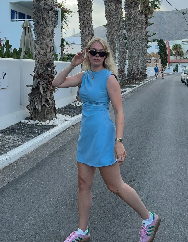 Powder Blue Sleeveless Mini Dress + Pink Sneakers + Black Sunglasses